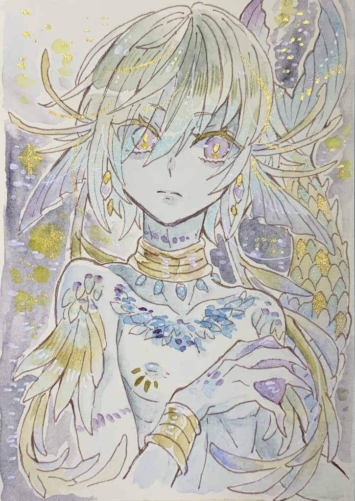 【在庫なし】ハガキサイズ原画「燐光の帝魚」