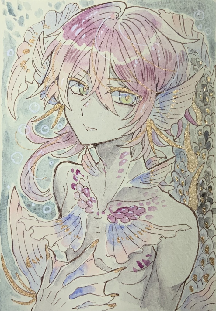 【在庫なし】ハガキサイズ原画「浮淵の花魚」