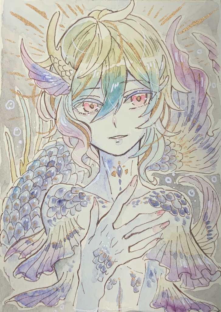 【在庫なし】ハガキサイズ原画「暗礁の鰭の姫」