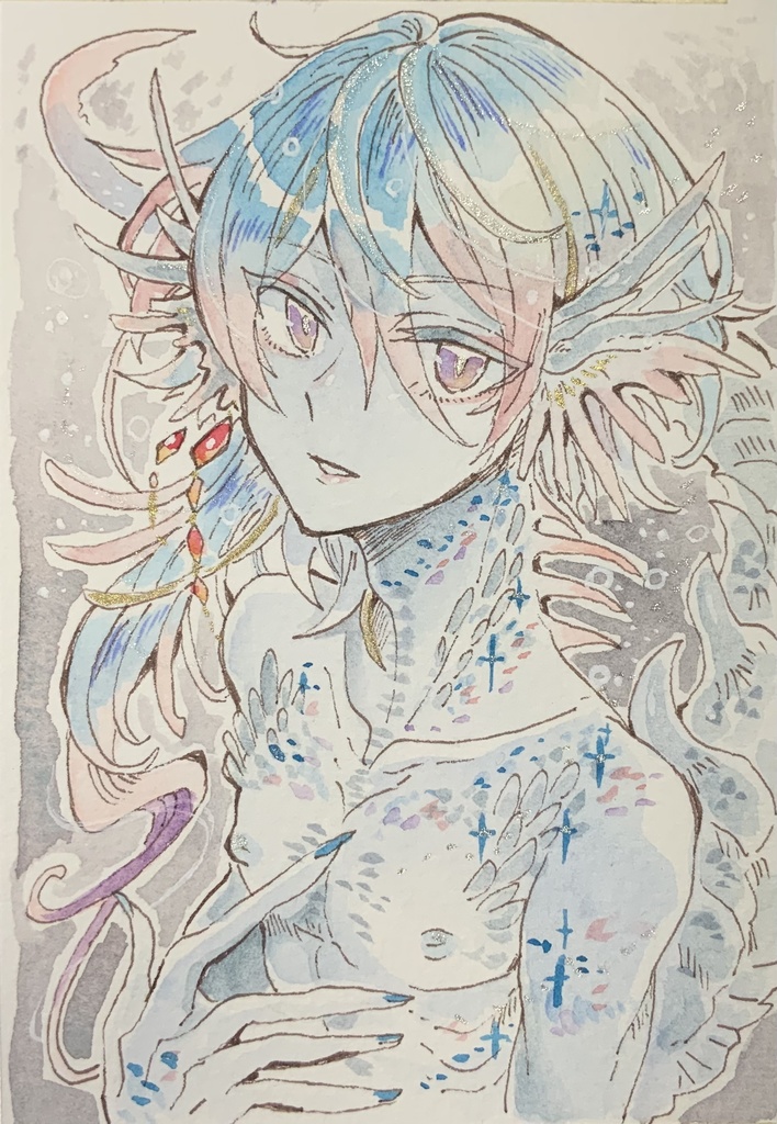 【在庫なし】ハガキサイズ原画「幻泡の翼魚」