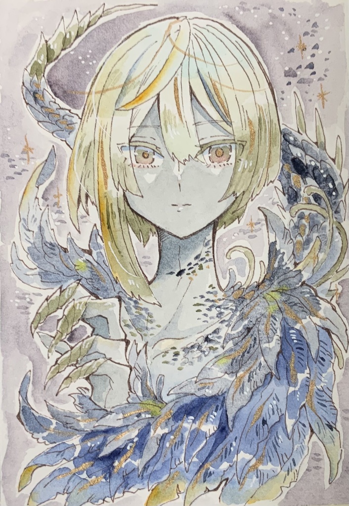 【在庫なし】ハガキサイズ原画「灯夜の鴉竜」