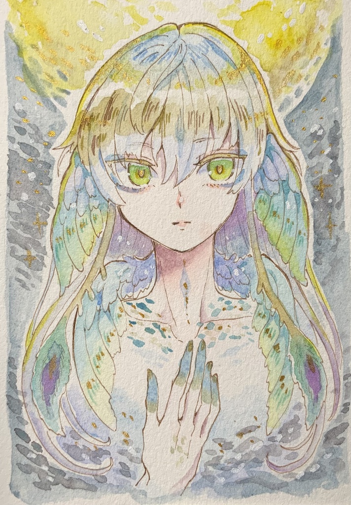 【あんしんパック】ハガキサイズ原画「月下の孔雀尾」