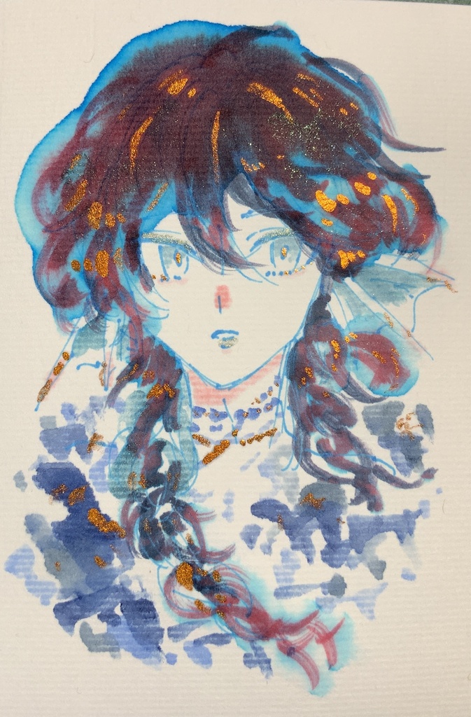 【あんしんパック】ハガキサイズ原画「滲む色彩の人魚」