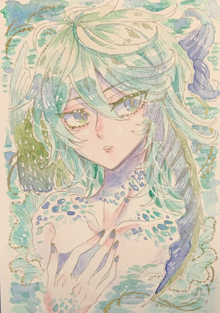 【あんしんパック】ハガキサイズ原画「翠涼の人魚」