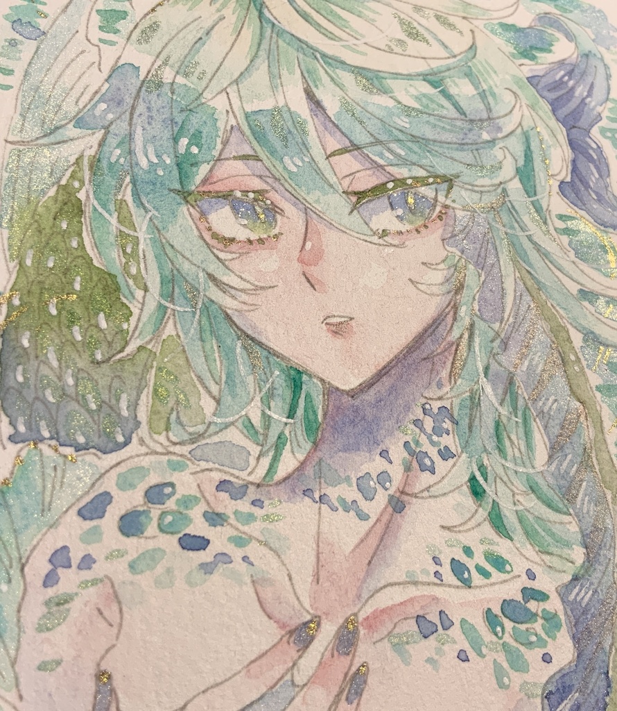 【あんしんパック】ハガキサイズ原画「翠涼の人魚」