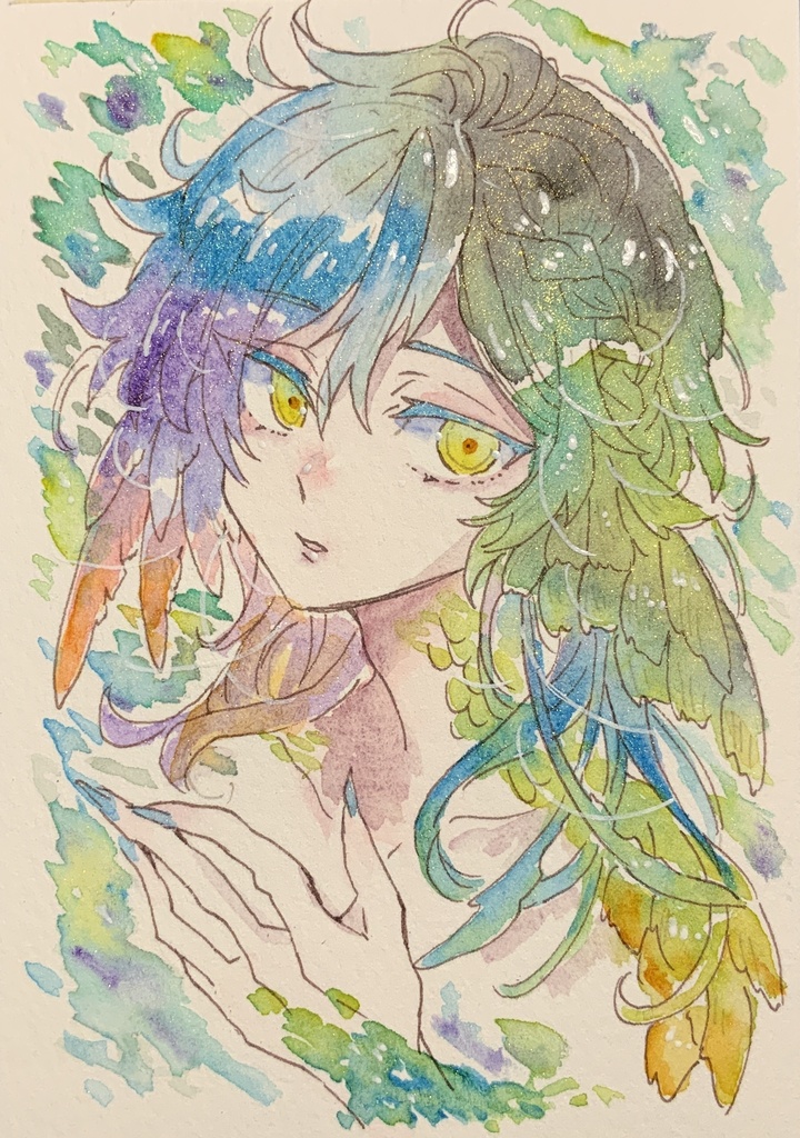 ハガキサイズ原画「光を集める虹の雛鳥」