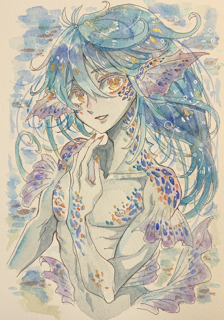 A5サイズ原画「うねる波の舞人魚」