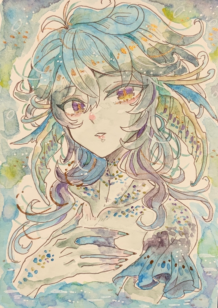 ハガキサイズ原画「 幻泉の誘鱗」