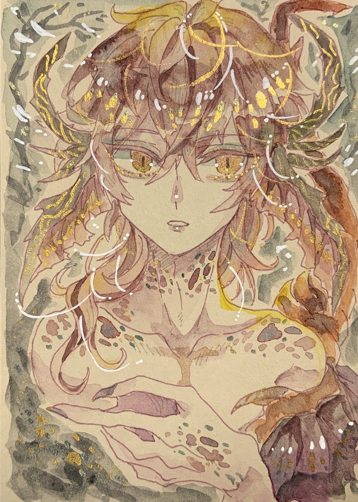 ハガキサイズ原画「焚煙の赫竜」