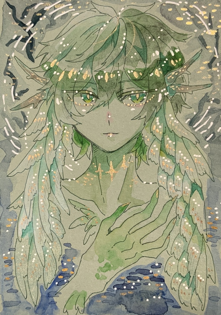 ハガキサイズ原画「透緑の天使」