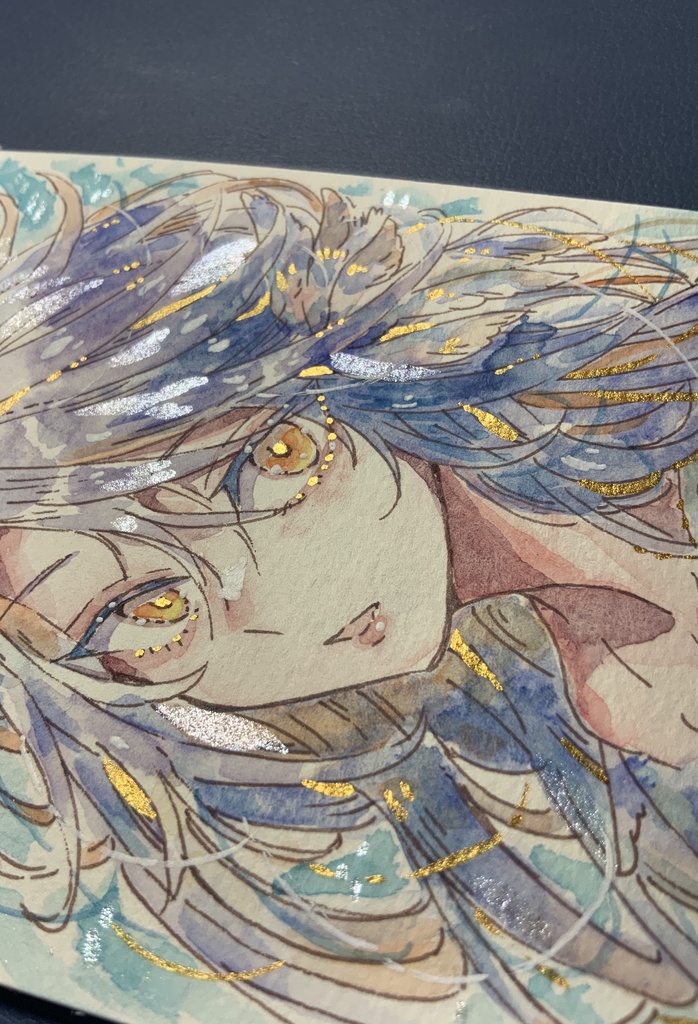 ハガキサイズ原画「日差しに揺れる青い鳥」