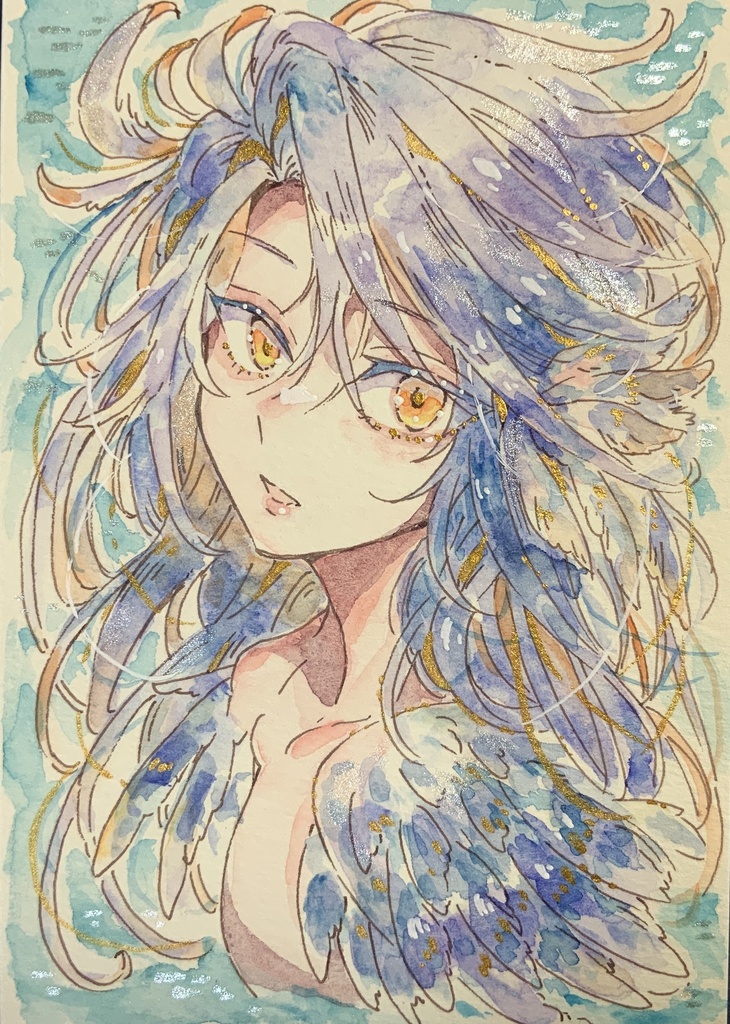 ハガキサイズ原画「日差しに揺れる青い鳥」