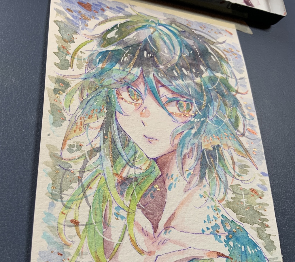 ハガキサイズ原画「ざわめく波の貴鰭」