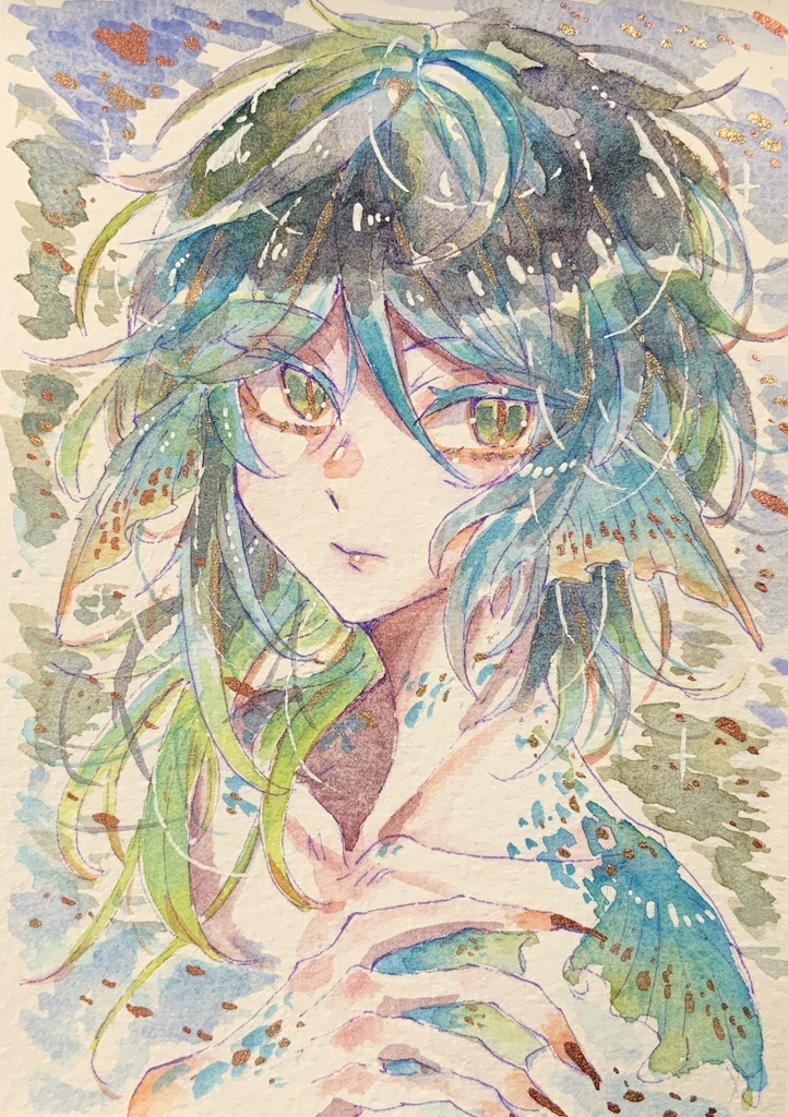 ハガキサイズ原画「ざわめく波の貴鰭」