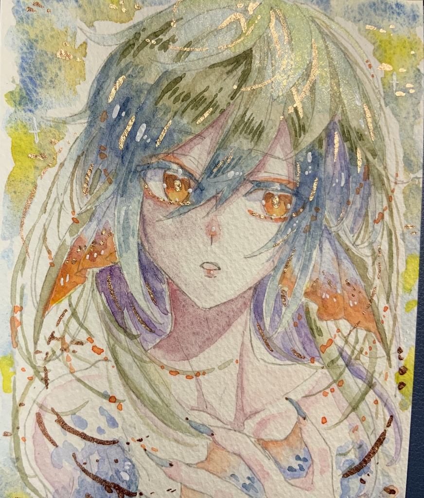 ハガキサイズ原画「深き蛍火の夢鰭」