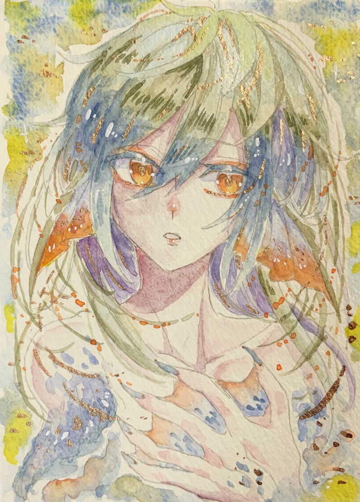 ハガキサイズ原画「深き蛍火の夢鰭」