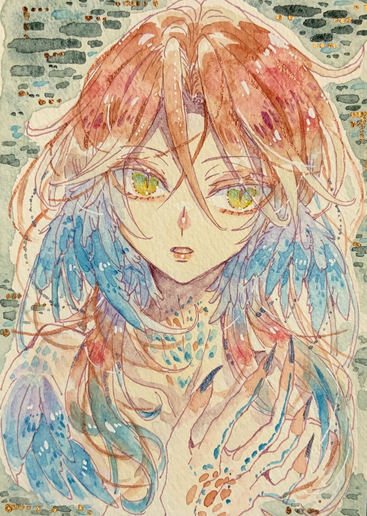 ハガキサイズ原画「紅い虹の狂い鳥」