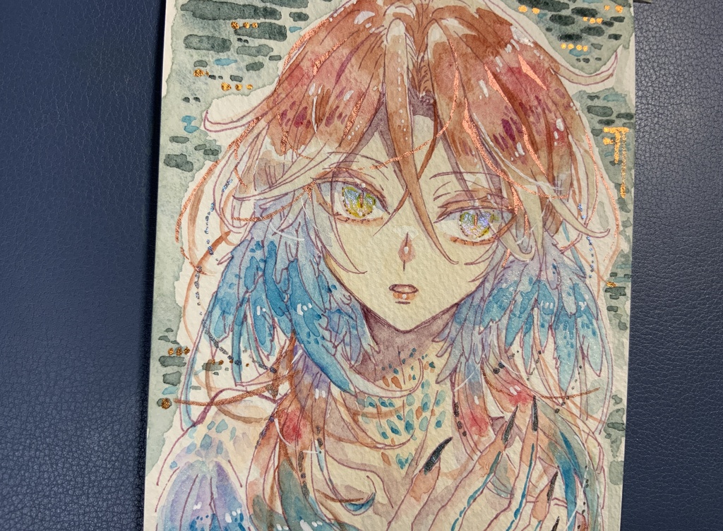 ハガキサイズ原画「紅い虹の狂い鳥」