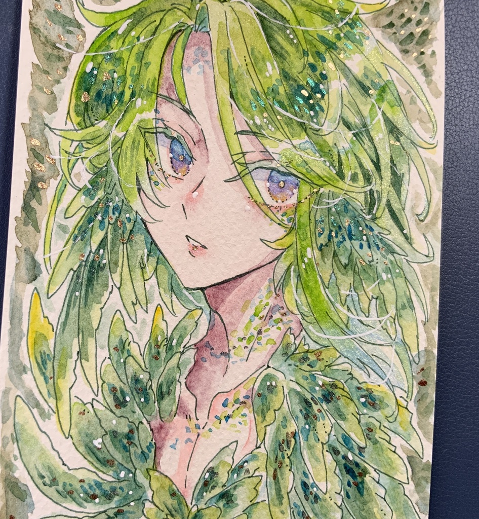 ハガキサイズ原画「天翠緑の玉鳥」