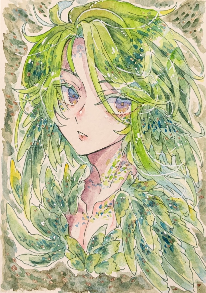 ハガキサイズ原画「天翠緑の玉鳥」