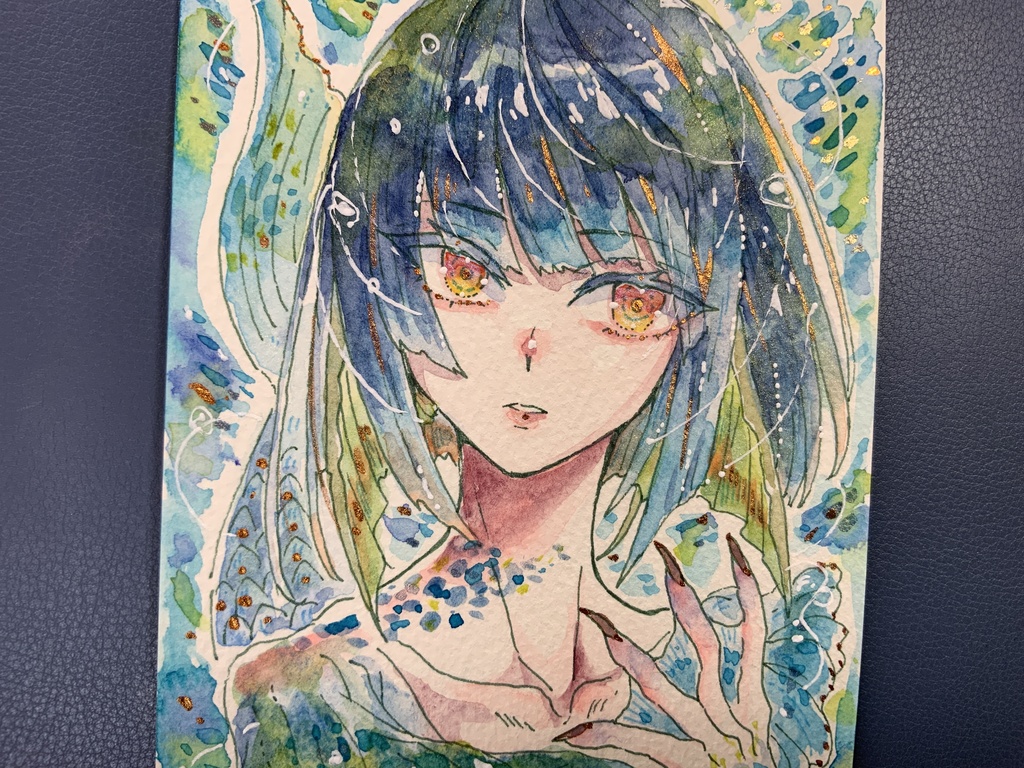 ハガキサイズ原画「海湧青の結尾」