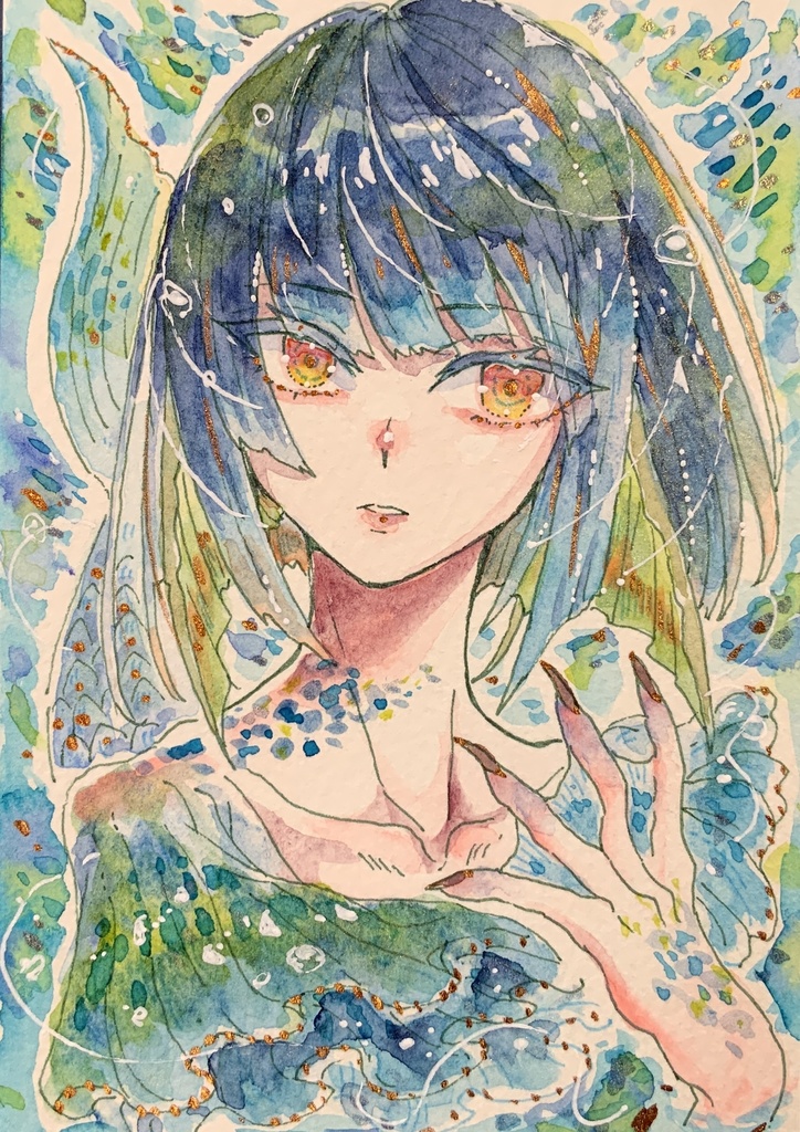 ハガキサイズ原画「海湧青の結尾」
