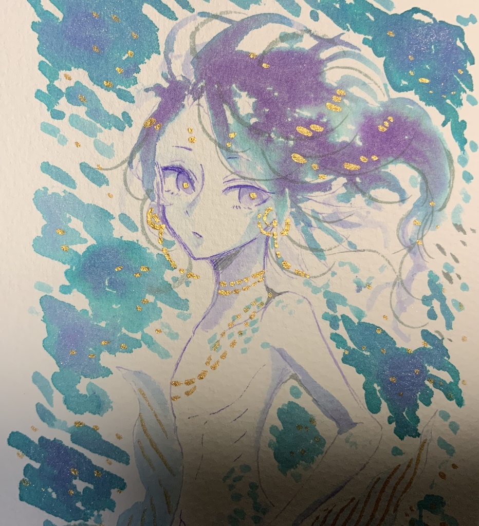 大きなポストカードサイズ原画「滲み舞う人魚」