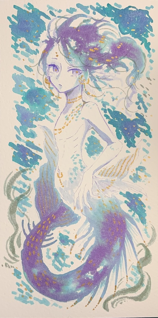 大きなポストカードサイズ原画「滲み舞う人魚」