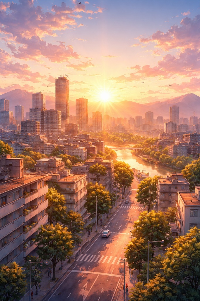 太陽がかざす街並み