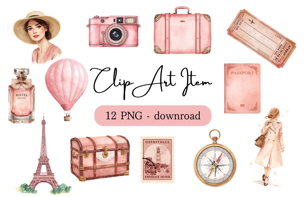 Pink Vintage Journey|アンティーク旅行クリップアート12点セット(ピンク)