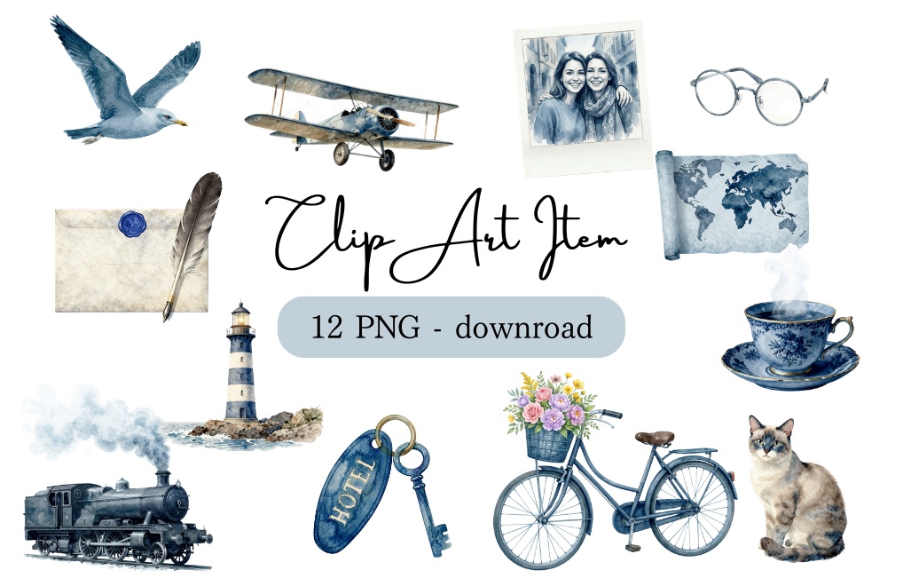 Blue Vintage Journey｜アンティーク旅行クリップアート12点セット（青）