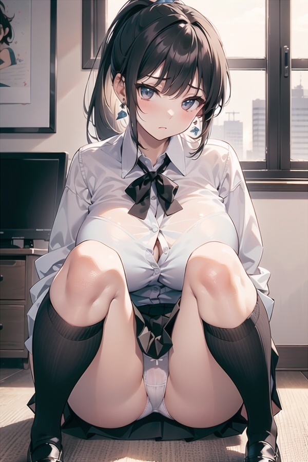 黒髪巨乳娘　女子高生カッターシャツ制服コス　M字開脚　313枚