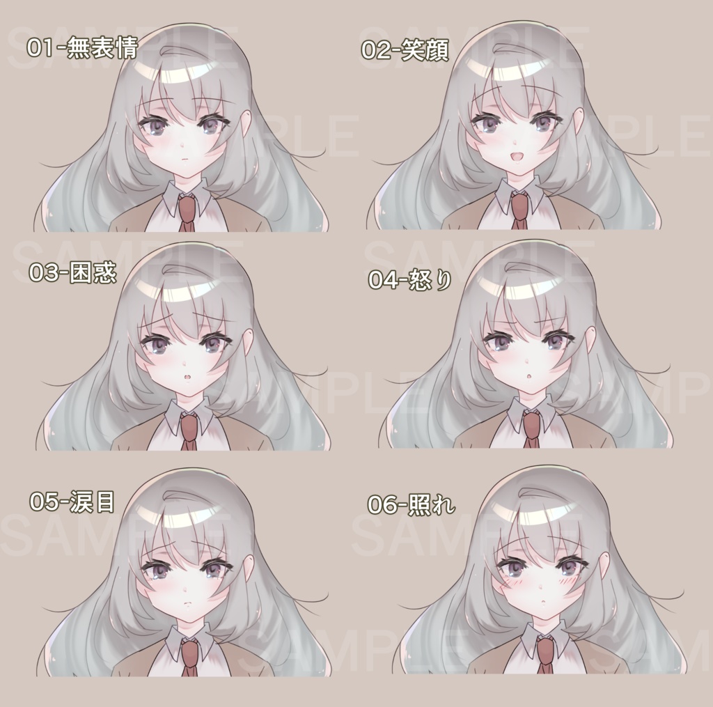 【立ち絵素材】色素が薄い女の子_表情差分6種