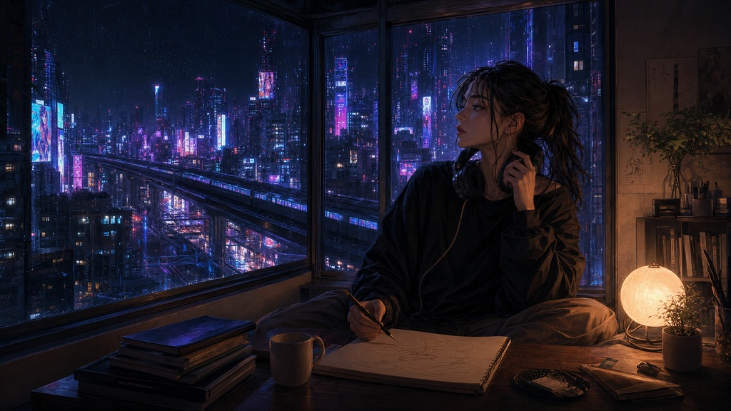 深夜のネオン人物PC壁紙3枚セット