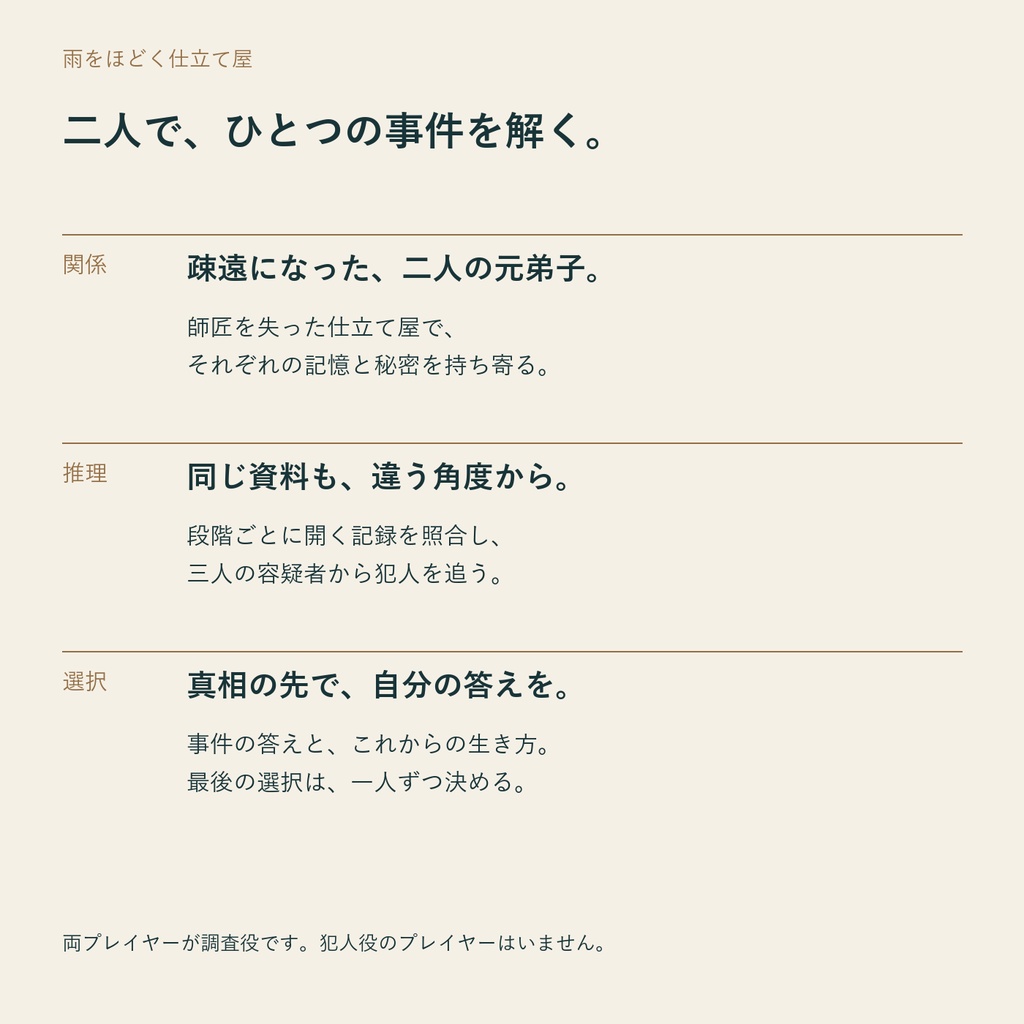 雨をほどく仕立て屋【2人用・GMレス 協力型マーダーミステリー】