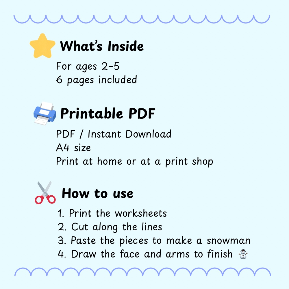 【冬のはさみ練習】切って貼ってつくる ゆきだるま|A4サイズ・プリントPDF|Winter Scissor Skills Worksheet | Cut and Paste Snowman | Preschool Fine Motor Activity | Kids English Printable