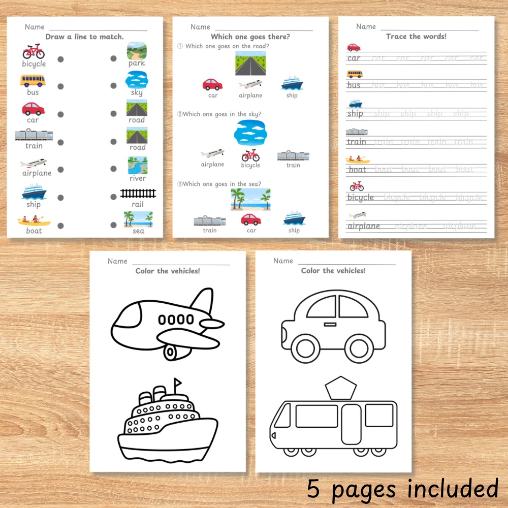 のりものと通る場所|幼児向け英語ワークシート Vehicles & Where They Go |