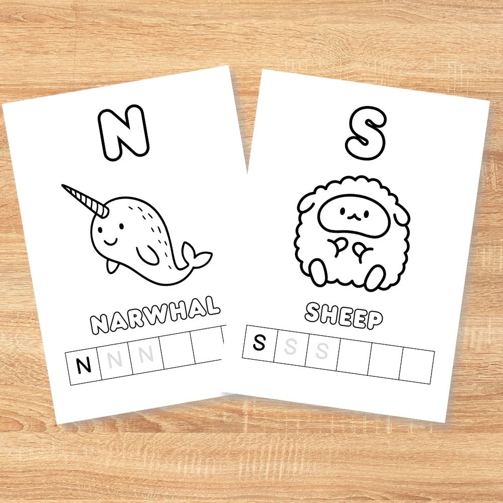 アルファベットなぞり書き&ぬりえワーク|A-Z動物プリント(全26枚・幼児向け)|Alphabet Worksheets