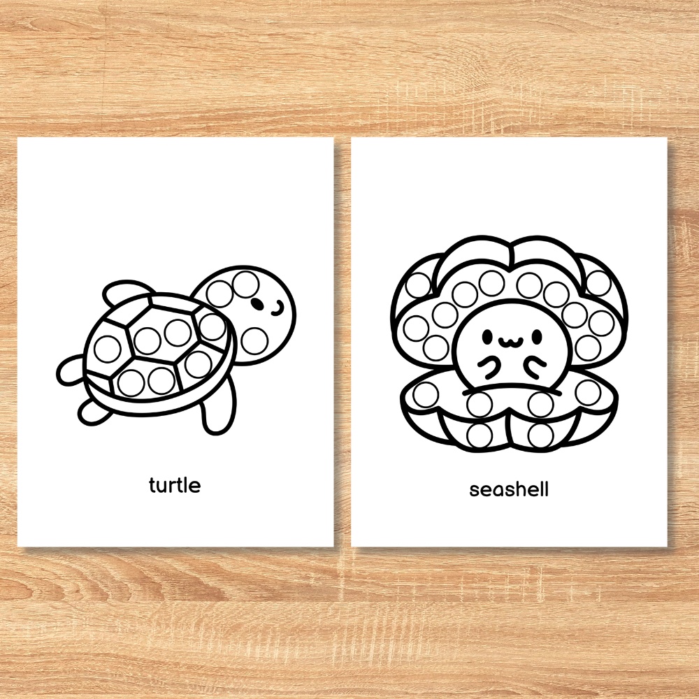 ぺたぺた!うみのいきものシールあそび|幼児向け知育プリントPDF|Ocean Animals Sticker & Dot Marker Worksheets