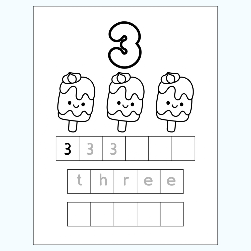 おかしで学ぶ 数字1〜10ワークシート|かず・ぬりえ・英語なぞり書き練習|幼児向けPDF