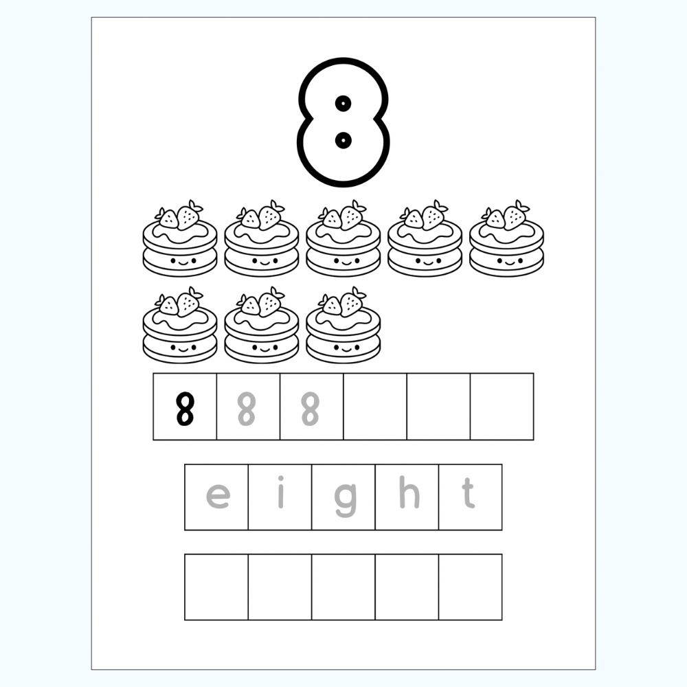 おかしで学ぶ 数字1〜10ワークシート|かず・ぬりえ・英語なぞり書き練習|幼児向けPDF