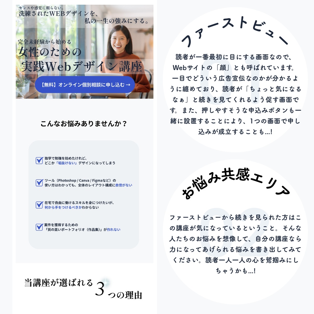 【Canvaテンプレート】女性向けWEBデザイン講座 LPテンプレート全6セクション|商用利用OK・スマホ対応・簡単編集