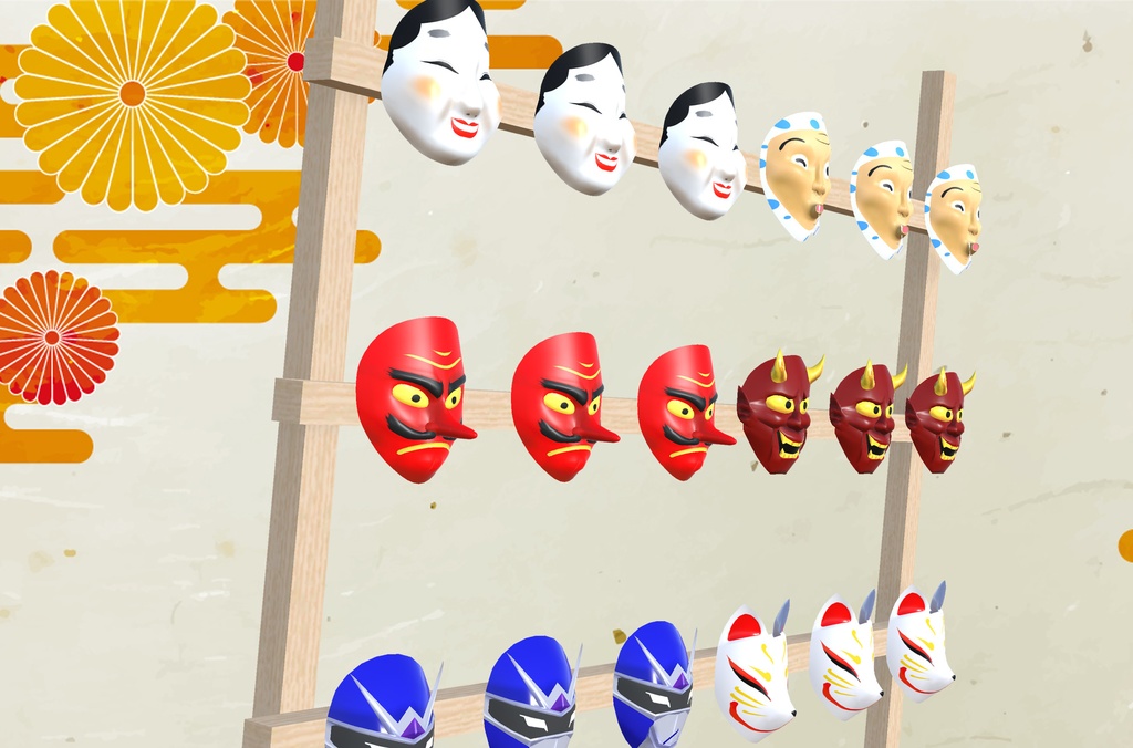 【3Dモデル】お面の屋台(天狗、ひょっとこ、おかめ、きつね面、般若、京劇、ヒーローマスク、真っ白なお面)