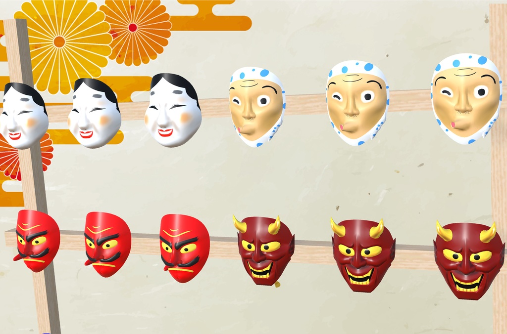 【3Dモデル】お面の屋台(天狗、ひょっとこ、おかめ、きつね面、般若、京劇、ヒーローマスク、真っ白なお面)