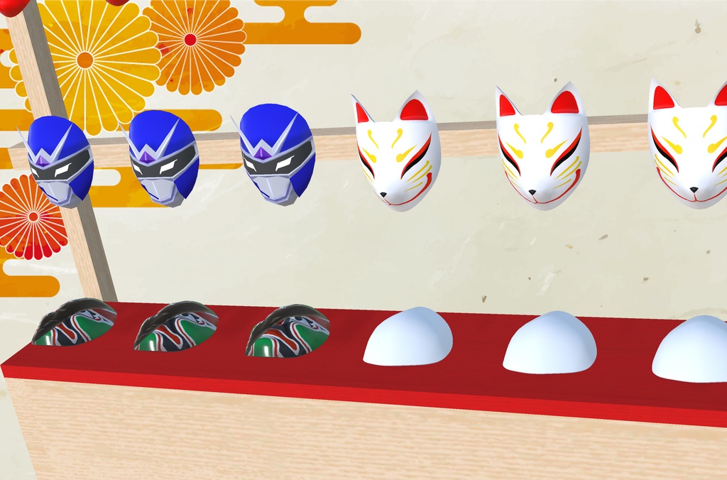 【3Dモデル】お面の屋台(天狗、ひょっとこ、おかめ、きつね面、般若、京劇、ヒーローマスク、真っ白なお面)