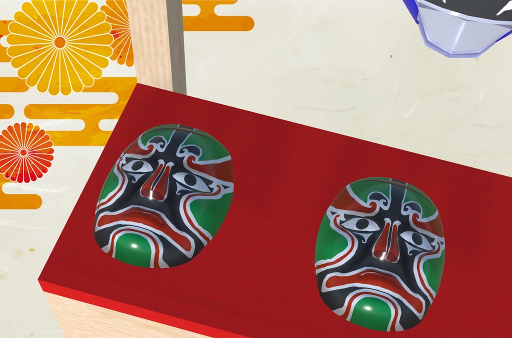 【3Dモデル】お面の屋台(天狗、ひょっとこ、おかめ、きつね面、般若、京劇、ヒーローマスク、真っ白なお面)