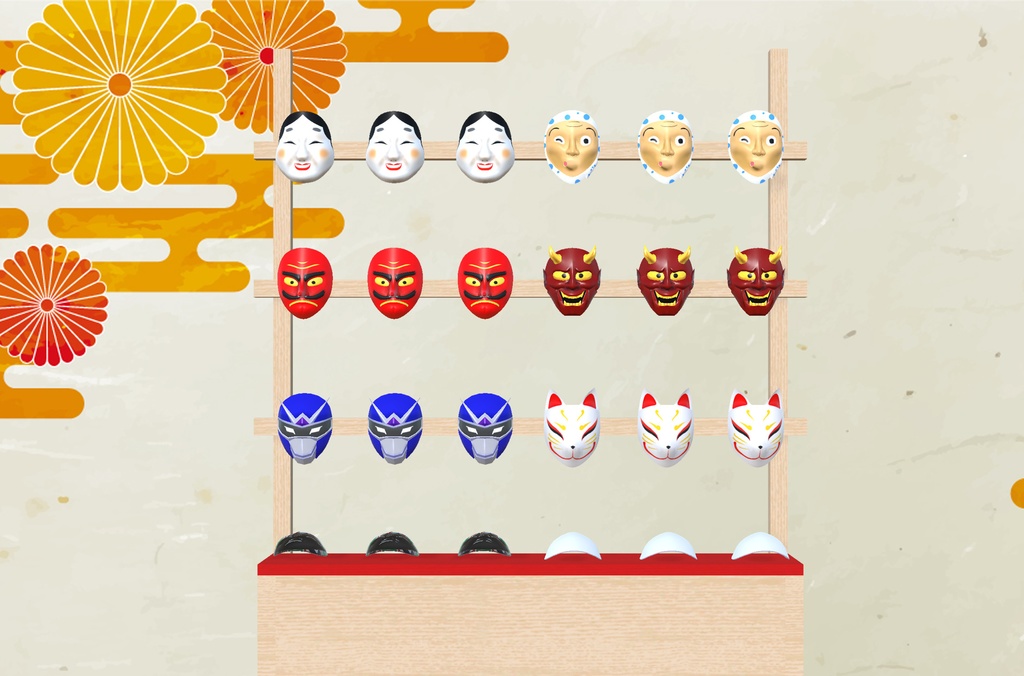 【3Dモデル】お面の屋台(天狗、ひょっとこ、おかめ、きつね面、般若、京劇、ヒーローマスク、真っ白なお面)