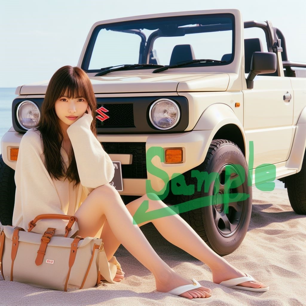 AI画像18枚セット スズキ 新型ジムニー風のオープンカーと美女(ビーチ編)無料お試し版あります