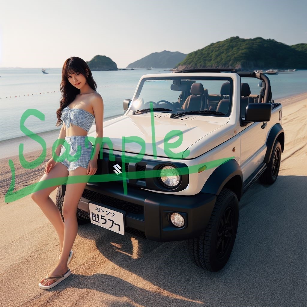 AI画像18枚セット スズキ 新型ジムニー風のオープンカーと美女(ビーチ編)無料お試し版あります