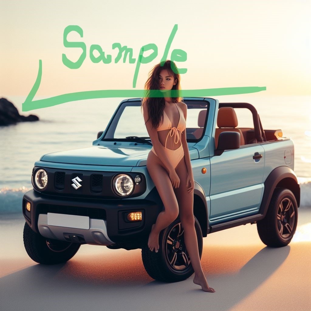 AI画像18枚セット スズキ 新型ジムニー風のオープンカーと美女(ビーチ編)無料お試し版あります
